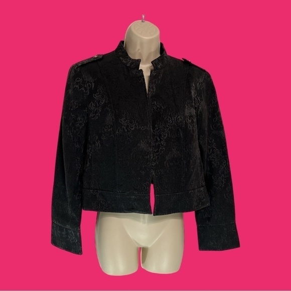 Oscar de la Renta Black on Black Brocade Pattern Band Collar Jacket 10P - Picture 1 of 9